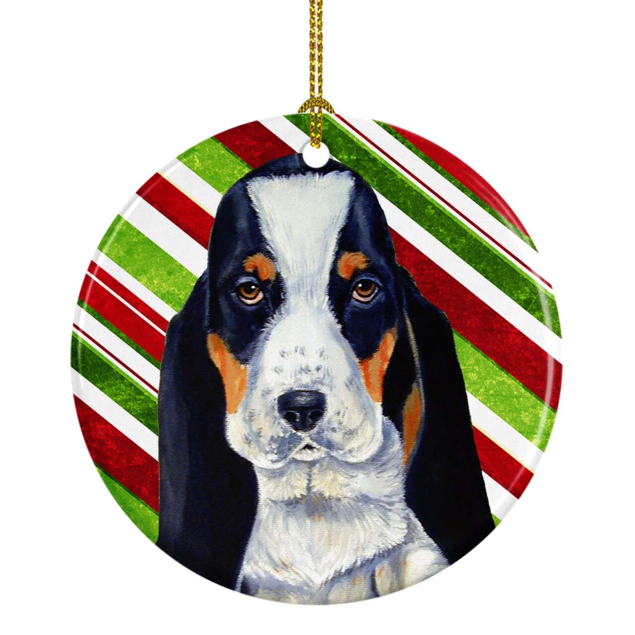 Caroline&#x27;s Treasures   LH9239-CO1 Basset Hound Candy Cane Holiday Christmas Ceramic Ornament, 3 in, multicolor